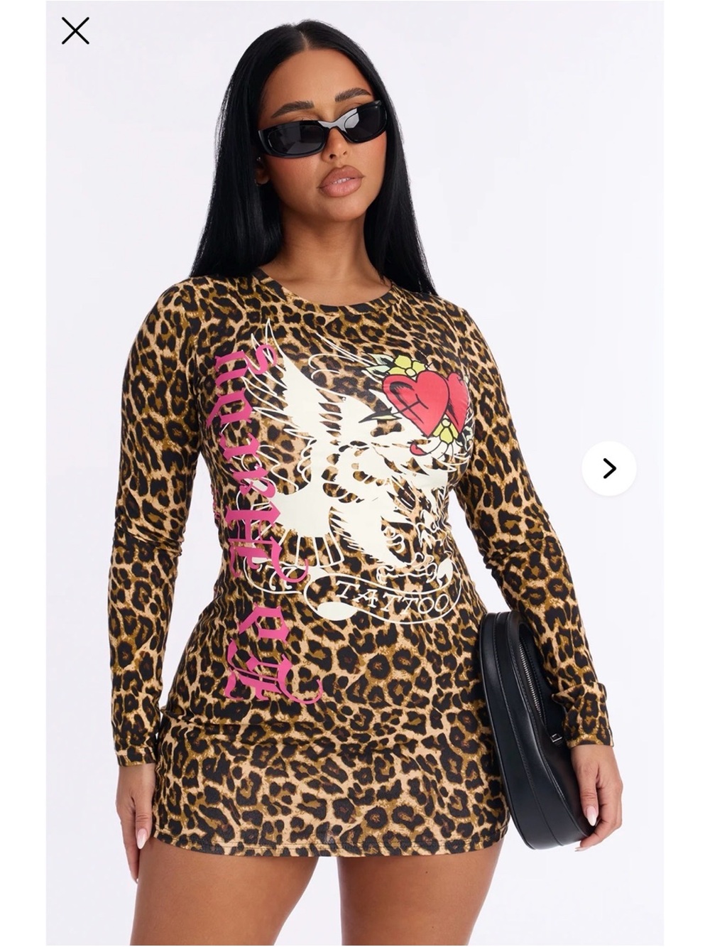 Ed Hardy Leopard Print Long Sleeve Graphic Mini Dress - Brown